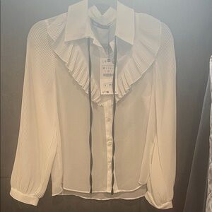 Zara White sheer Blouse with Ruffled Detail